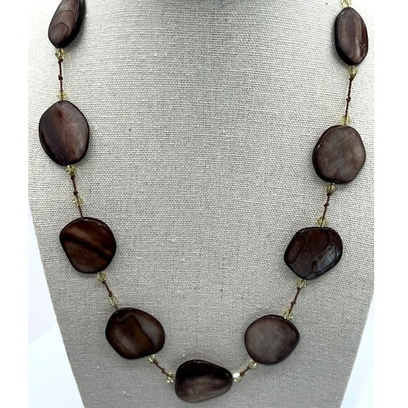 Handcrafted Brown Shell Bead Necklace With Yellow Crystal Accents - Picture 1 of 6